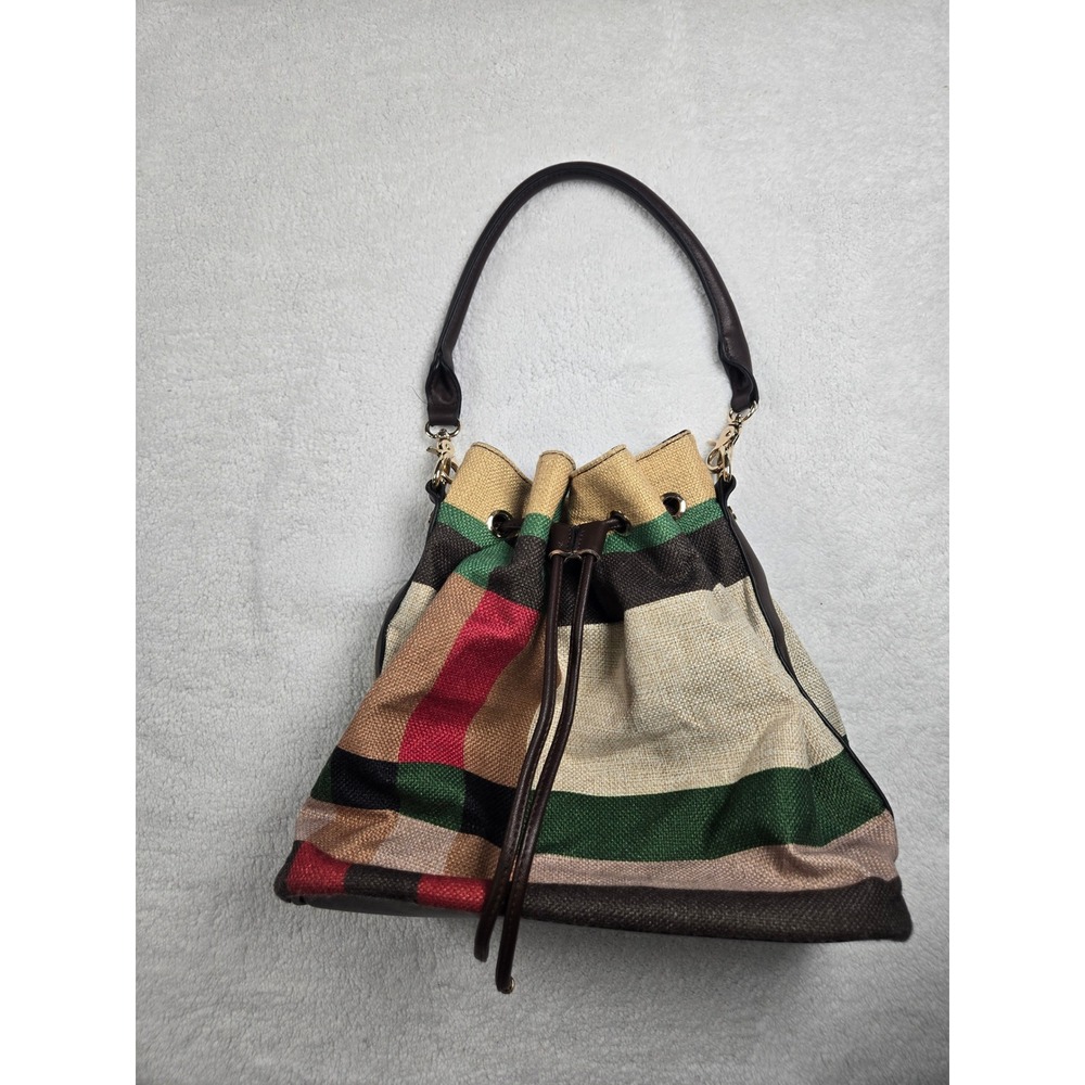 Multicolor Plaid Woven Bucket Bag Brown Faux Leather Trim Drawstring Shoulder
